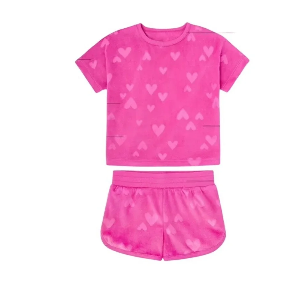 Member's Mark Girls Cozy Pajama Set Pink Heart Fleece 2pc Top Shorts L 10/12
